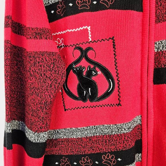Allison Daley Cat Sweater Jacket Zip Cardigan XL Red Black Striped Embroidered - Picture 4 of 10